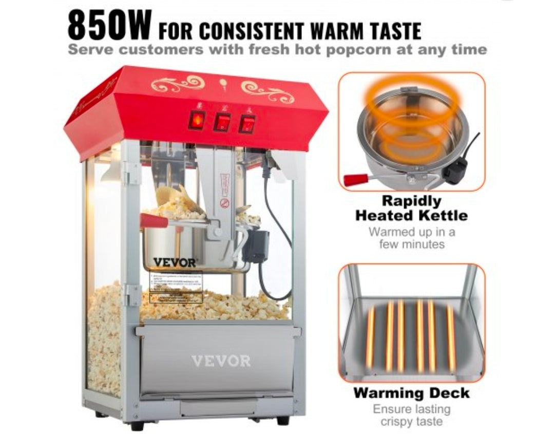Vevor Popcorn Maker 850W 8 oz Red Kettle