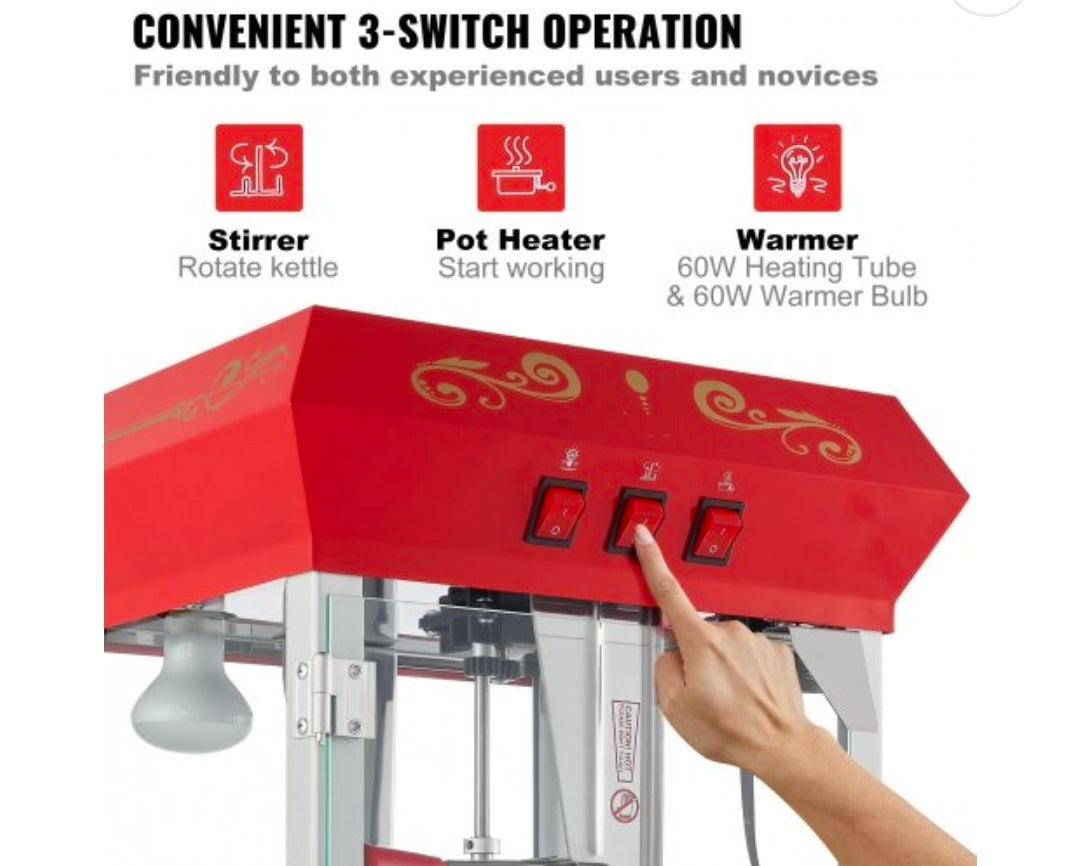 Vevor Popcorn Maker 850W 8 oz Red Kettle