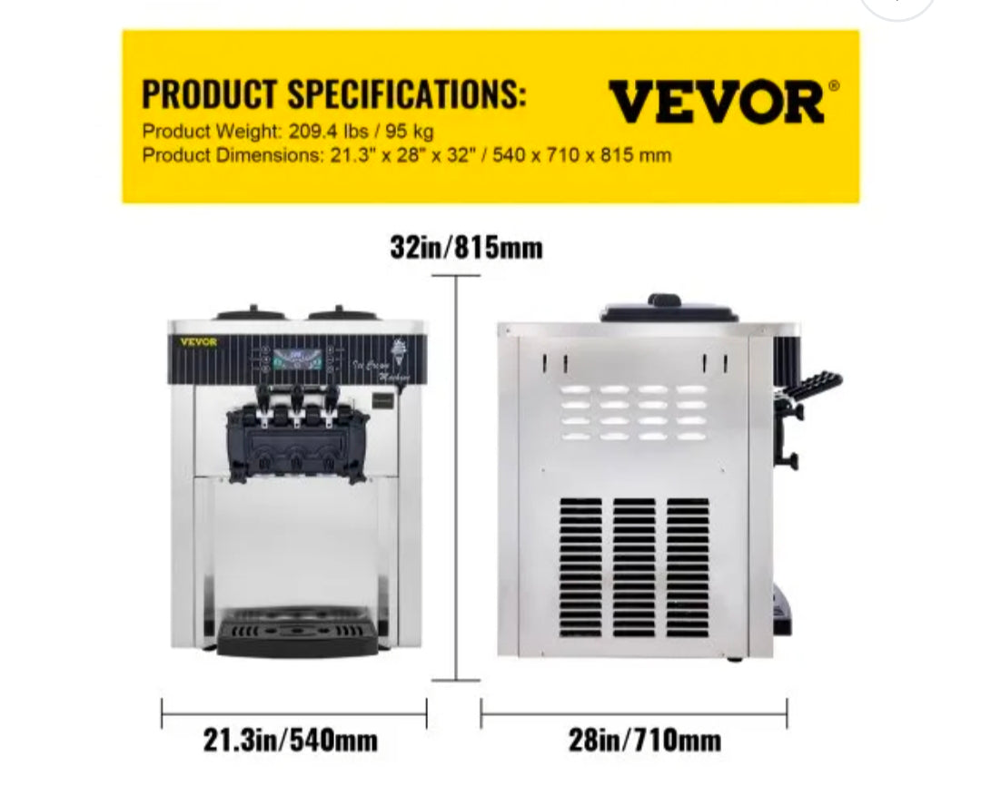Vevor Commercial Ice Cream Machine 5.3–7.4 Gal/Hr