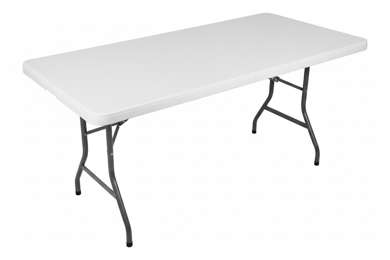 6 foot white folding table with folding legs on white background