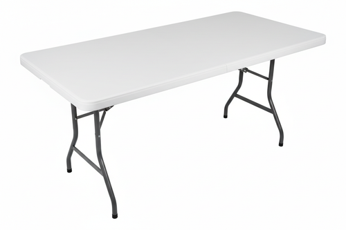 6 foot white folding table with folding legs on white background